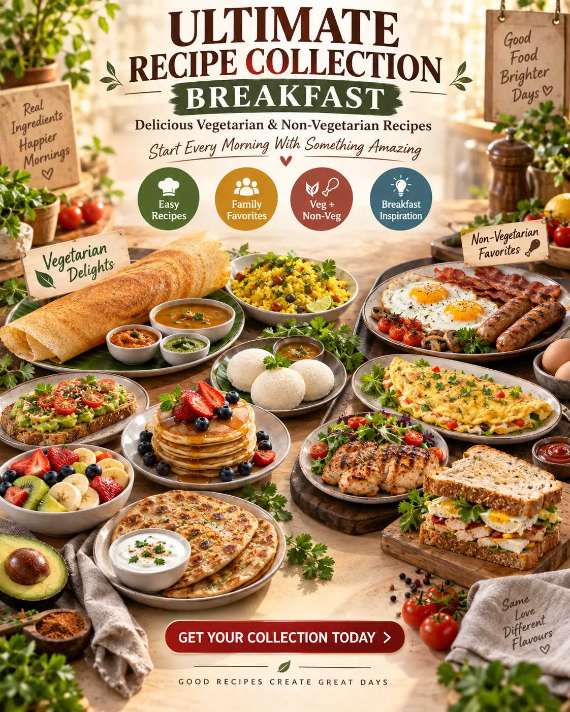 Ultimate Recipe Collection – Breakfast, shown with a spread of vegetarian and non-vegetarian breakfast dishes